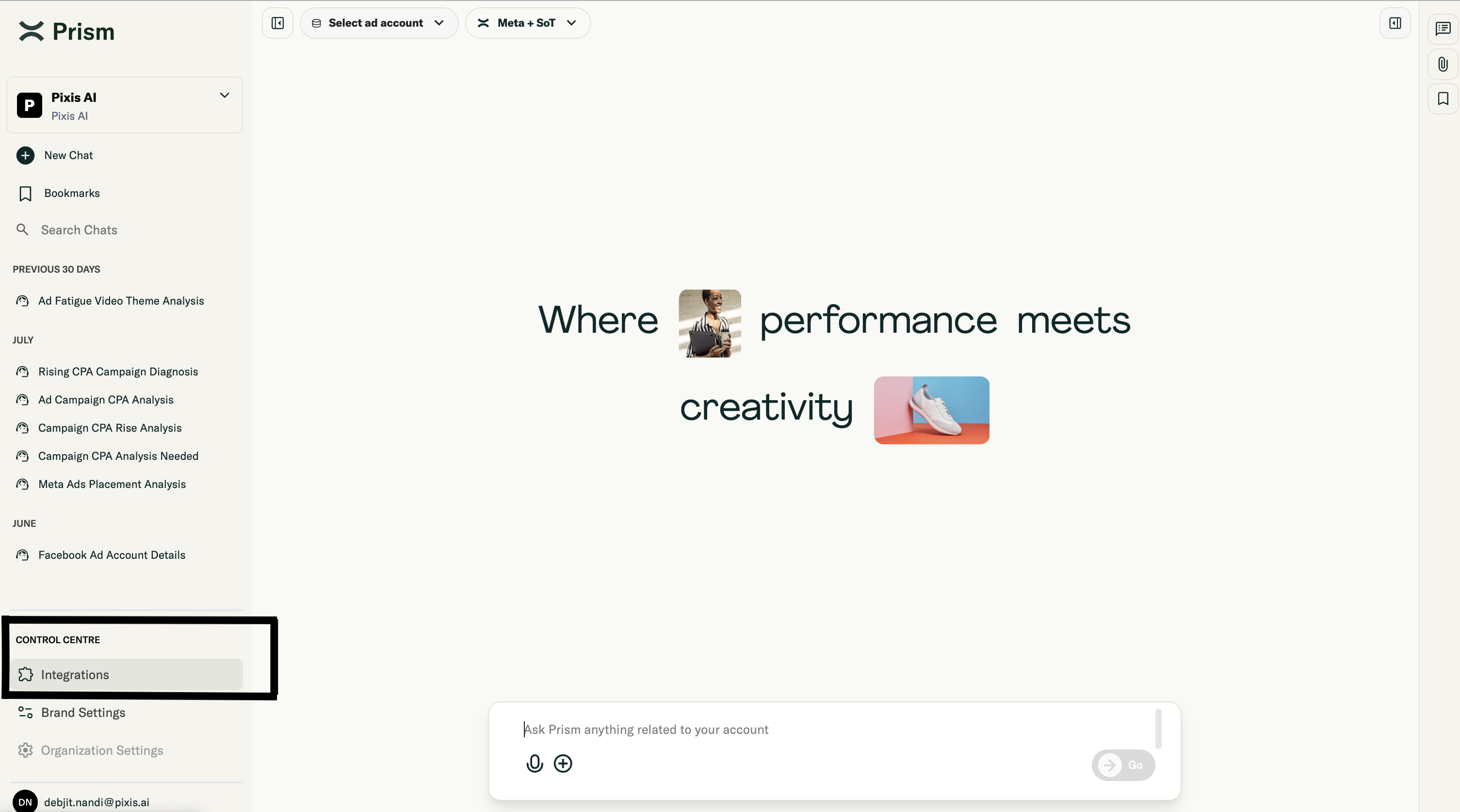Control Center left panel with Integrations section